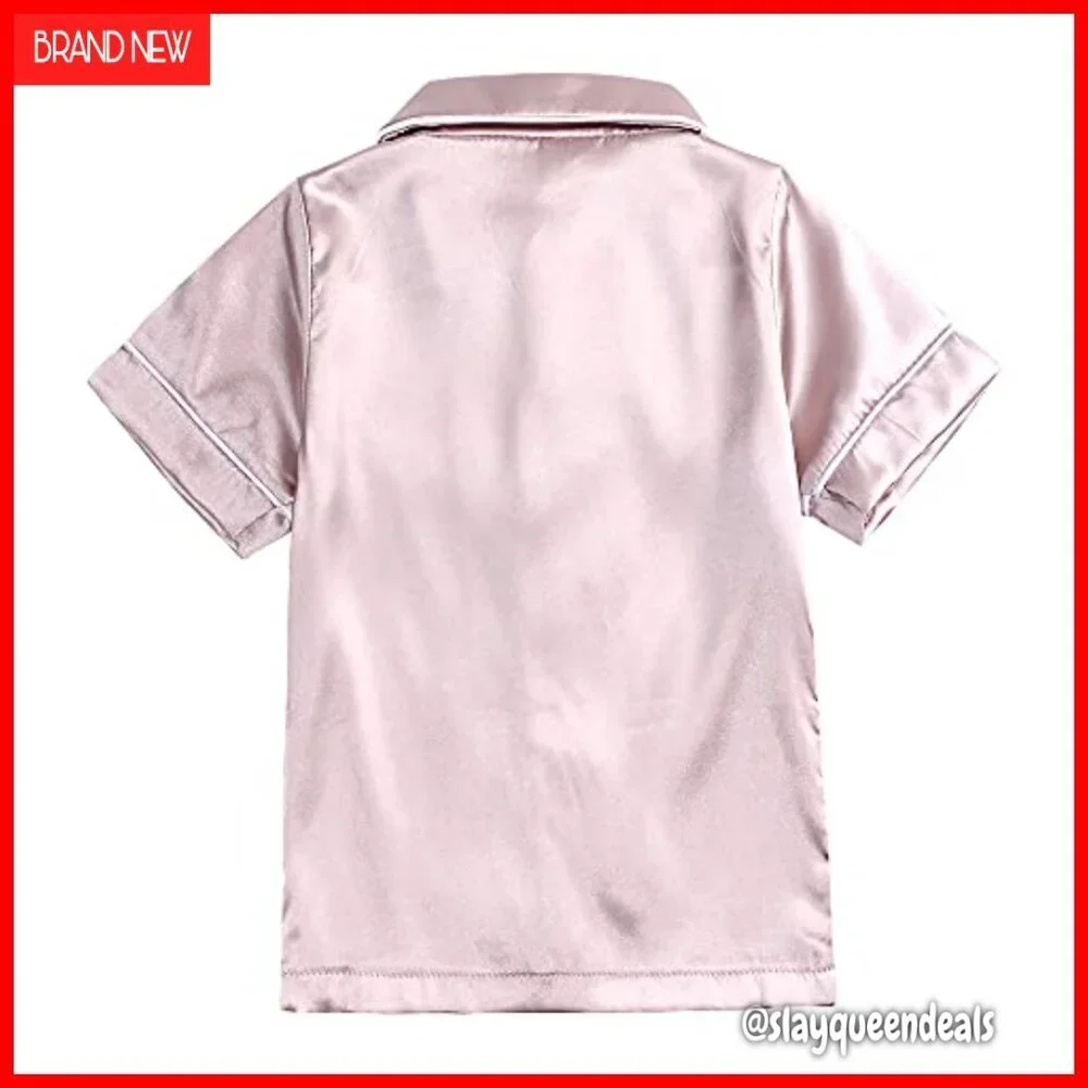 Kids Satin Pajama Set Short Sleeve Button Down Top and Shorts